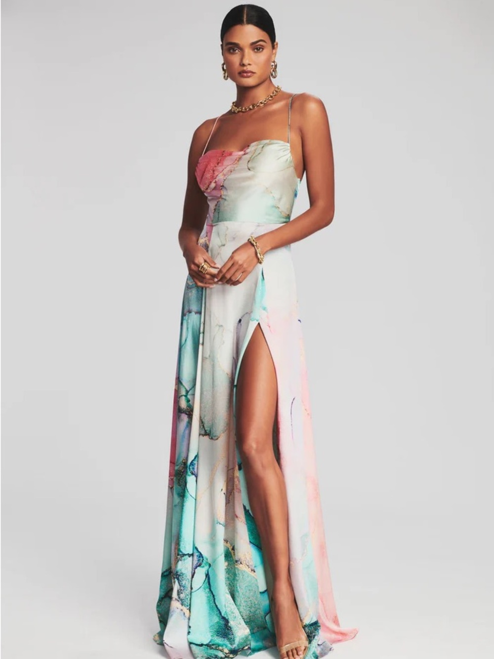Retrofete Gracie Dress - Aqua and Pink Marble-Print Slip Dress with Gold Veining